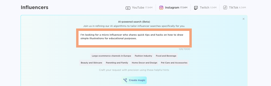 The AI search tool inside the Influencer Analytics app.