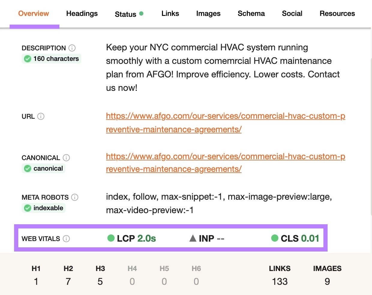 The "Overview" tab on the SEO Pro Extension with the Web Vitals section highlighted.