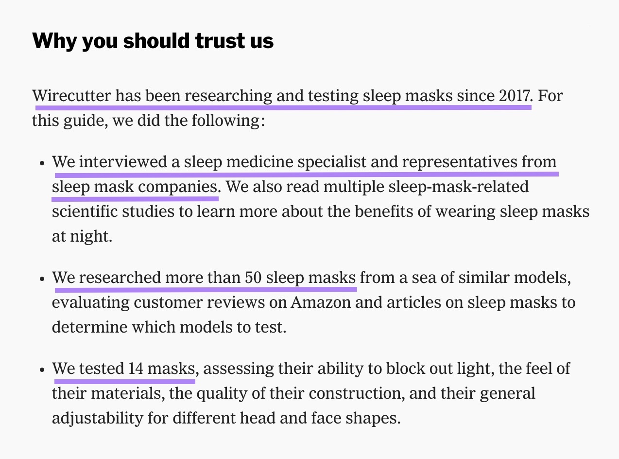 The "Why you should trust us" section of a blog post by Wirecutter reviewing the best sleep masks.