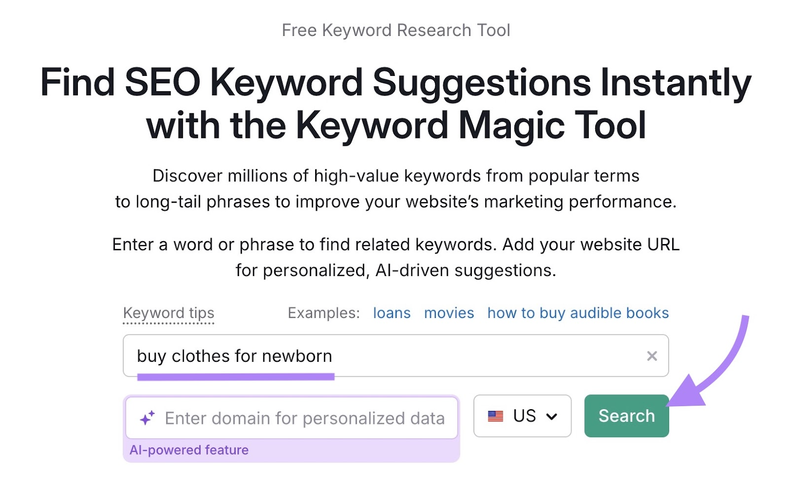 Keyword Magic Tool with "buy clothes for newborn" entered and "Search" clicked.
