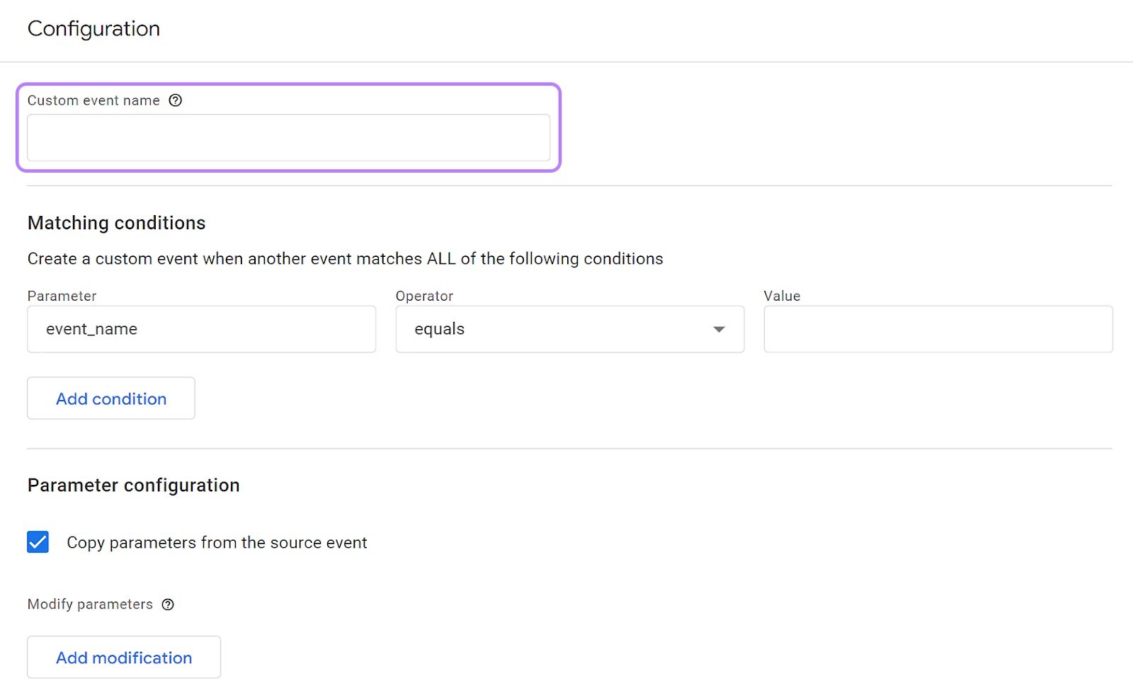 "Custom event name" field highlighted in the events configuration page