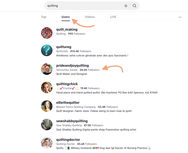 A screenshot of the tabs on TikTok with the Users tab selected.