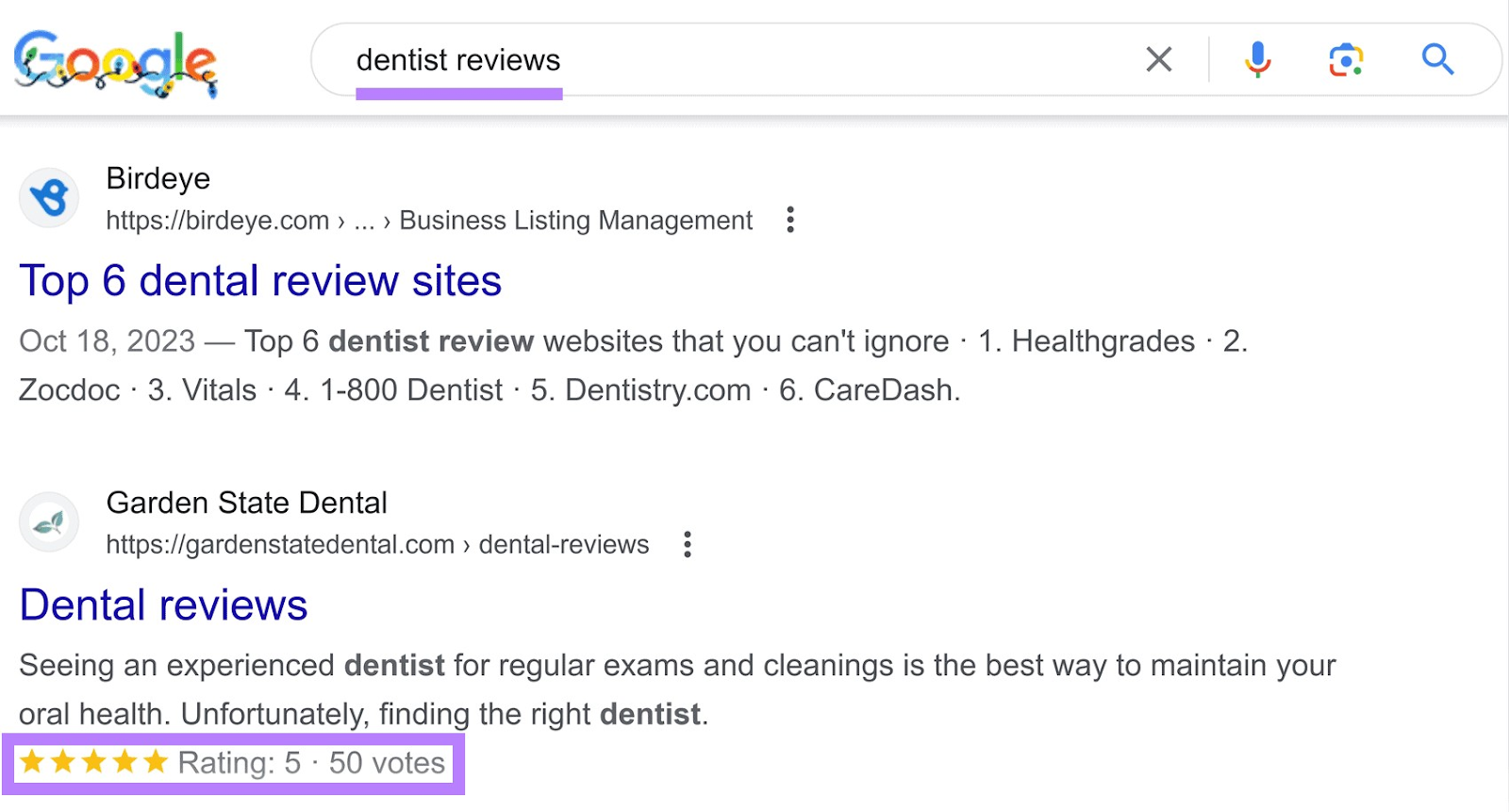 Average star rating highlighted under Garden State Dental result on SERP