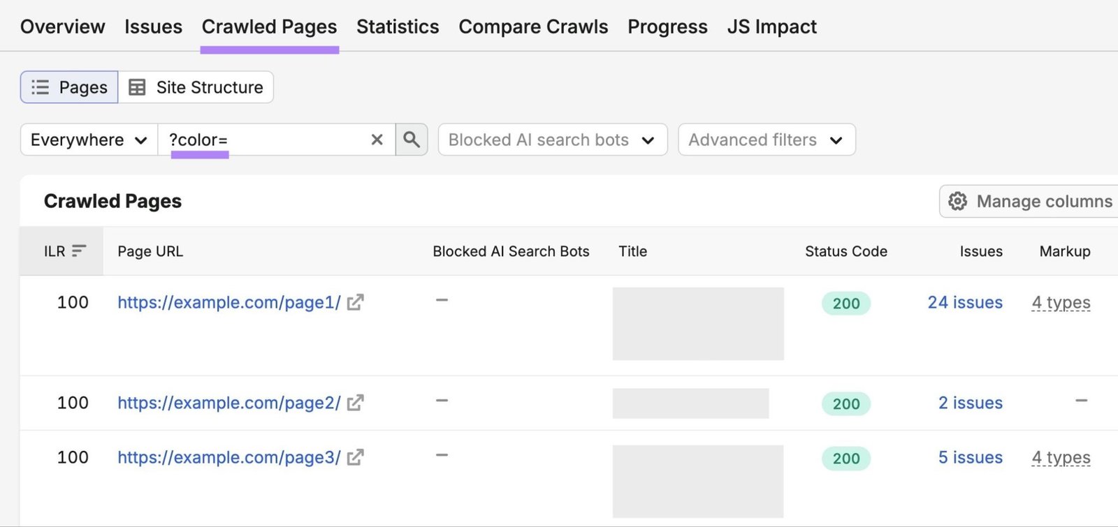 The "Crawled Pages" tab on Site Audit with "?color=" entered in the search bar.