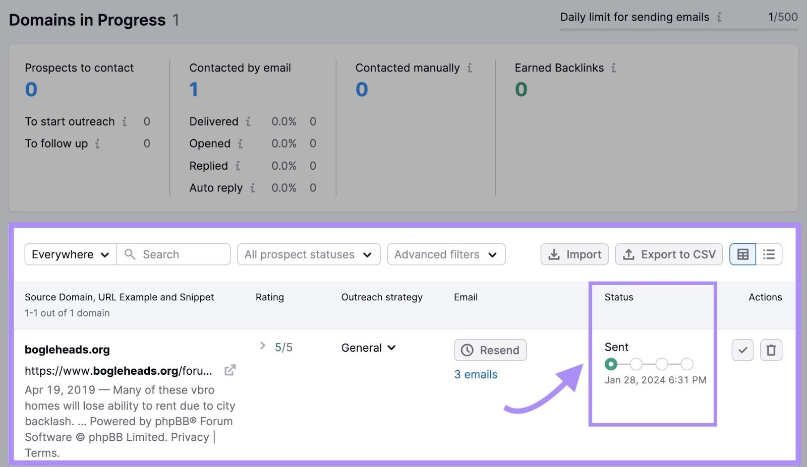 Email's "Status" column showing that the email has been successfully sent