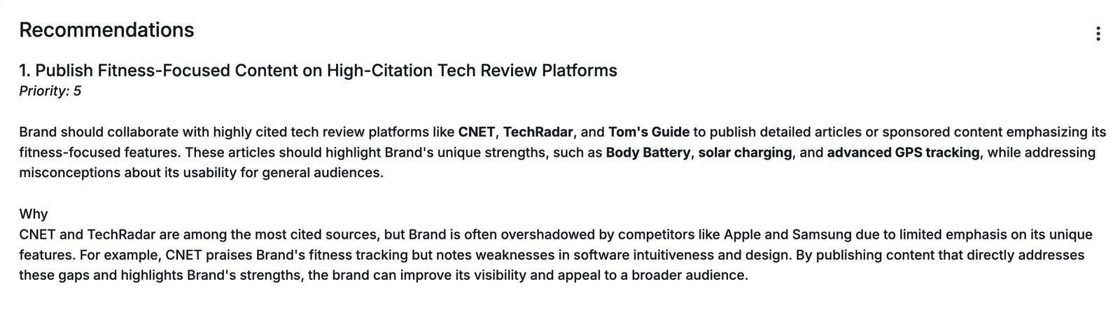 Semrush Enterprise AIO gives recommendations for increasing your brand's visibility across AI platforms such as publishing kinds of content on certain sites.