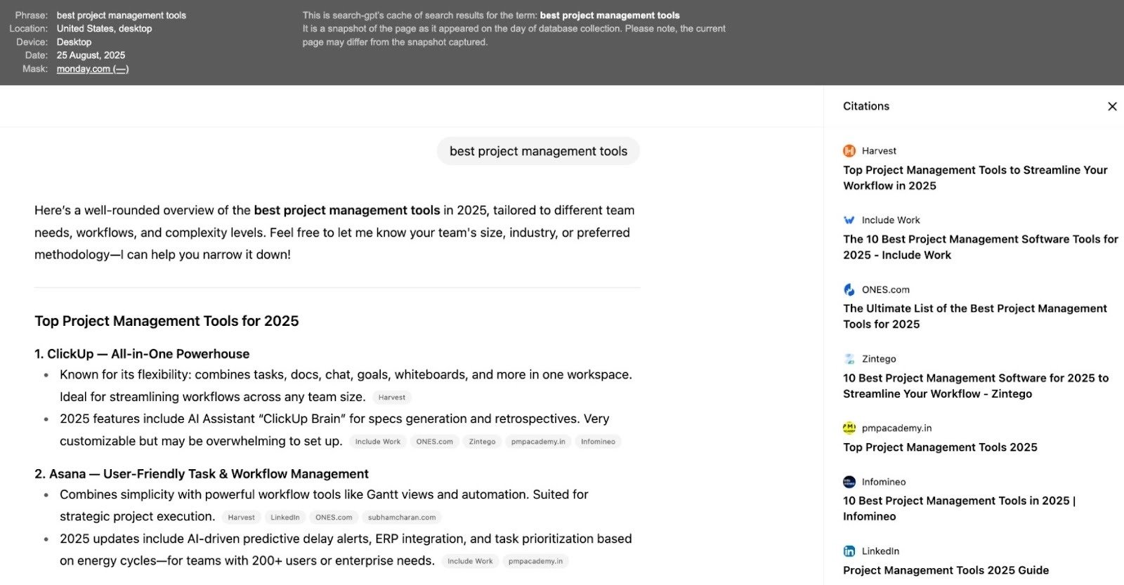 A cached version of a prompt and results generated on ChatGPT accessed from the Position Tracking tool.