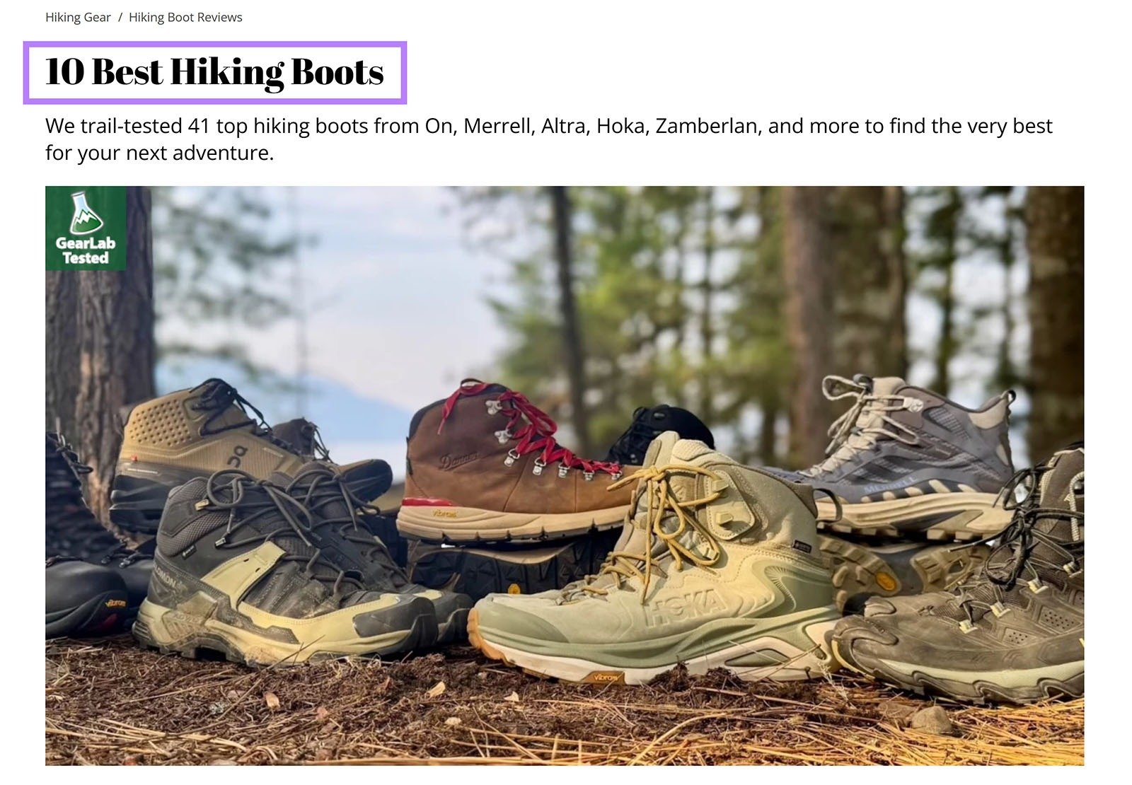 Article page with H1 heading “10 Best Hiking Boots” highlighted above a featured image of hiking boots.