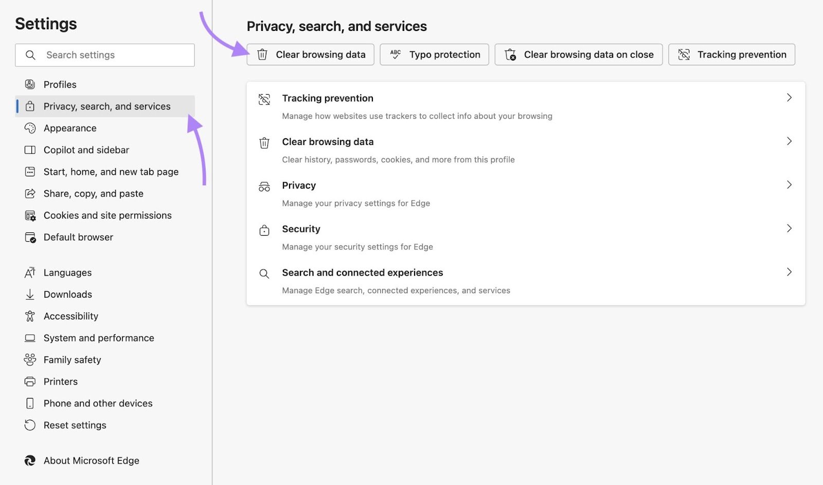 "Privacy, search, and services" window on Edge with "Clear browsing data" clicked.