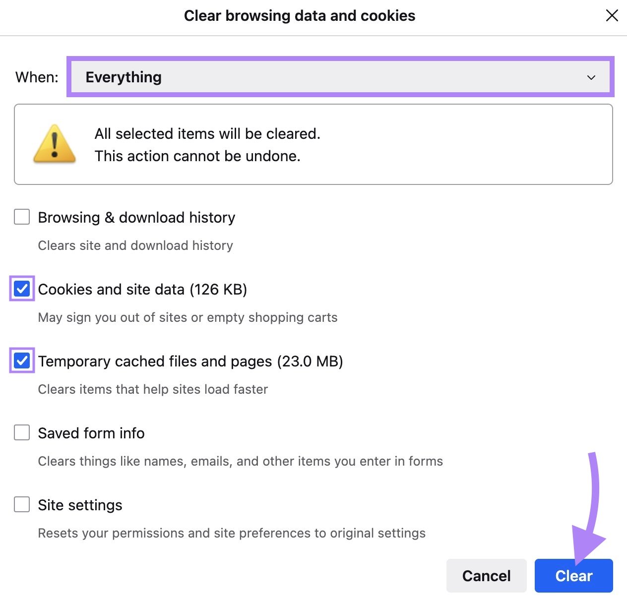 "Clear browsing data and cookies" window on Firefox with cookies & site data and temporary cached files & pages selected.