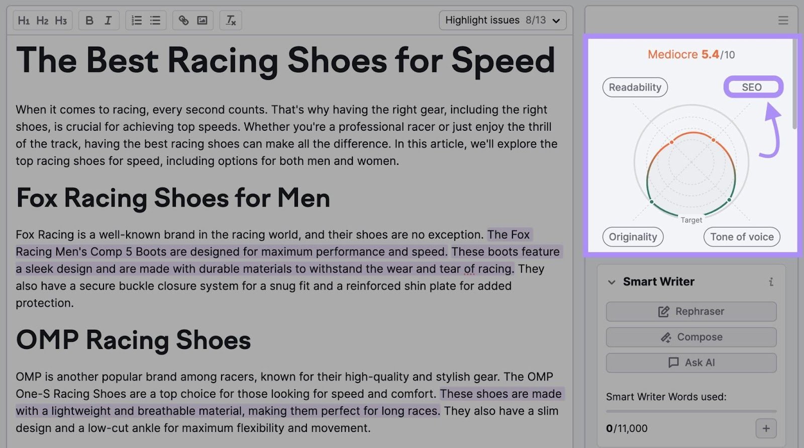 "SEO" selected from SEO Writing Assistant's score widget