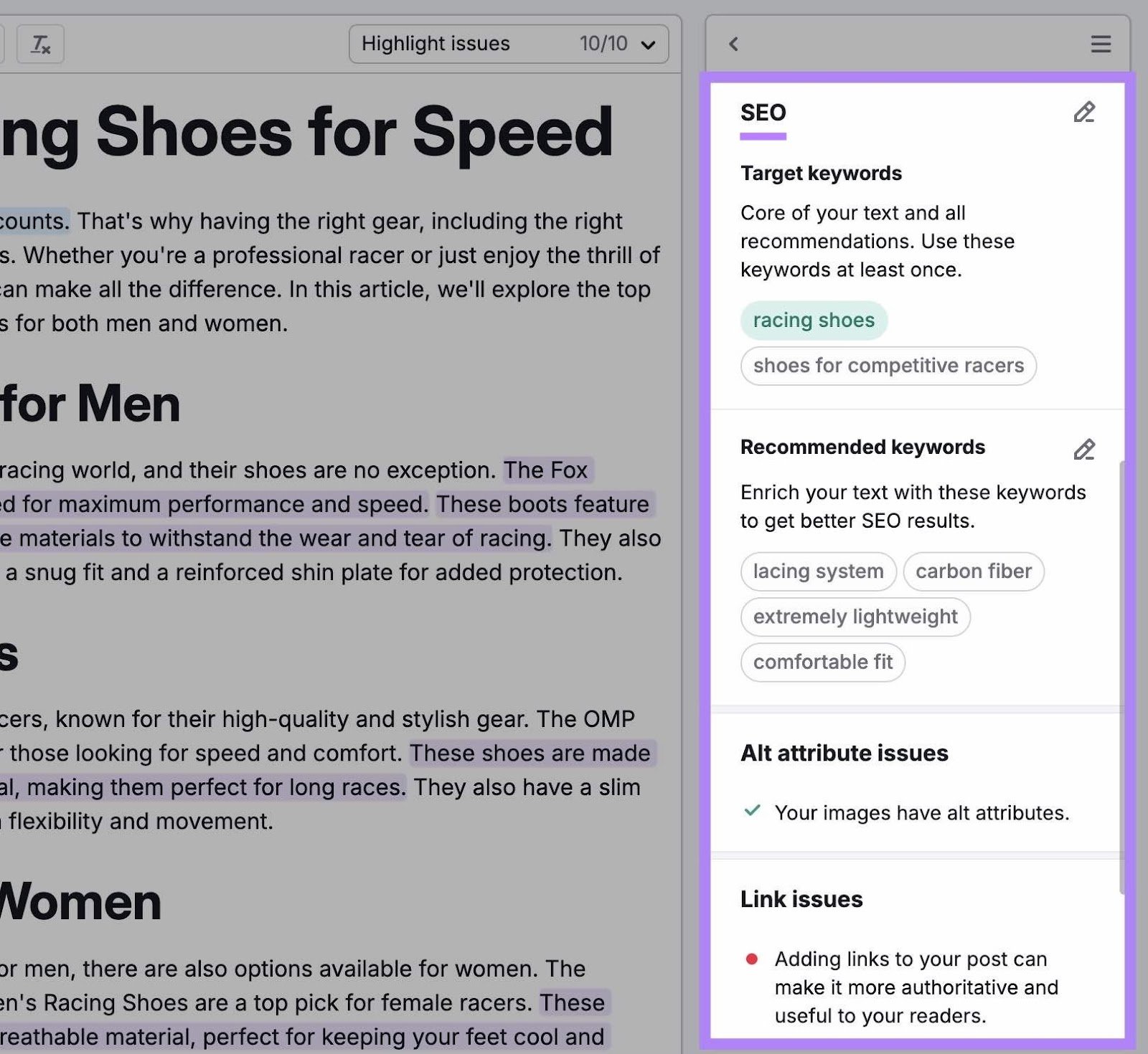SEO suggestions on SWA including a list of semantic keywords to use, link issues to address, alt attribute issues, etc.