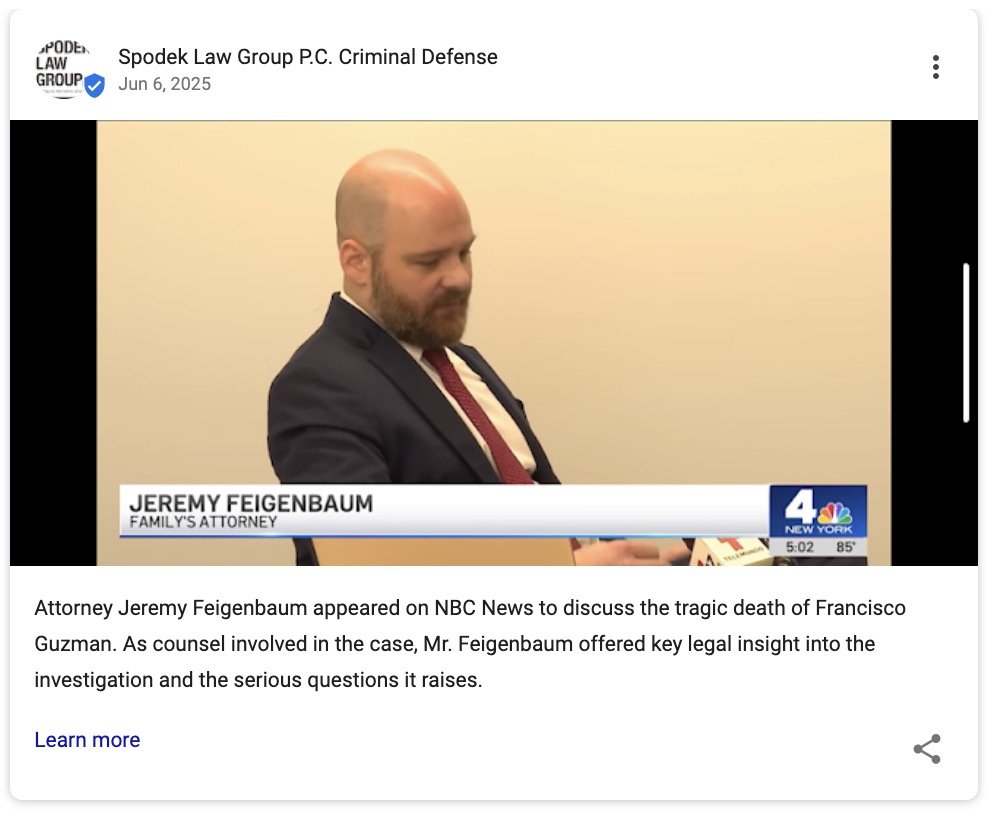 Google Business Profile post by Spodek Law Group showcasing their credibility by highlighting a media appearance where they provided legal analysis on a case.