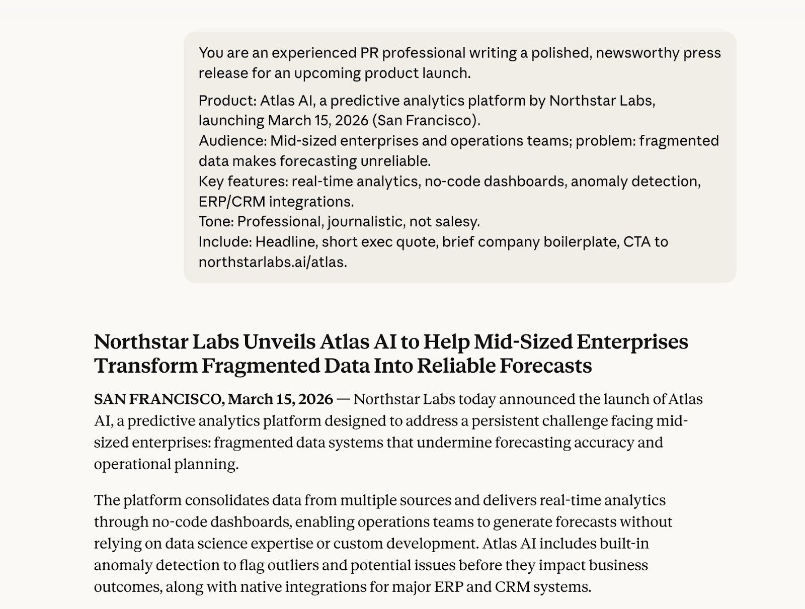 Claude generating a press release for a software product based on a prompt.