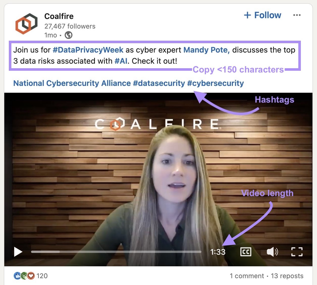 Coalfire's LinkedIn video with copy characters, hashtags, and video length elements highlighted