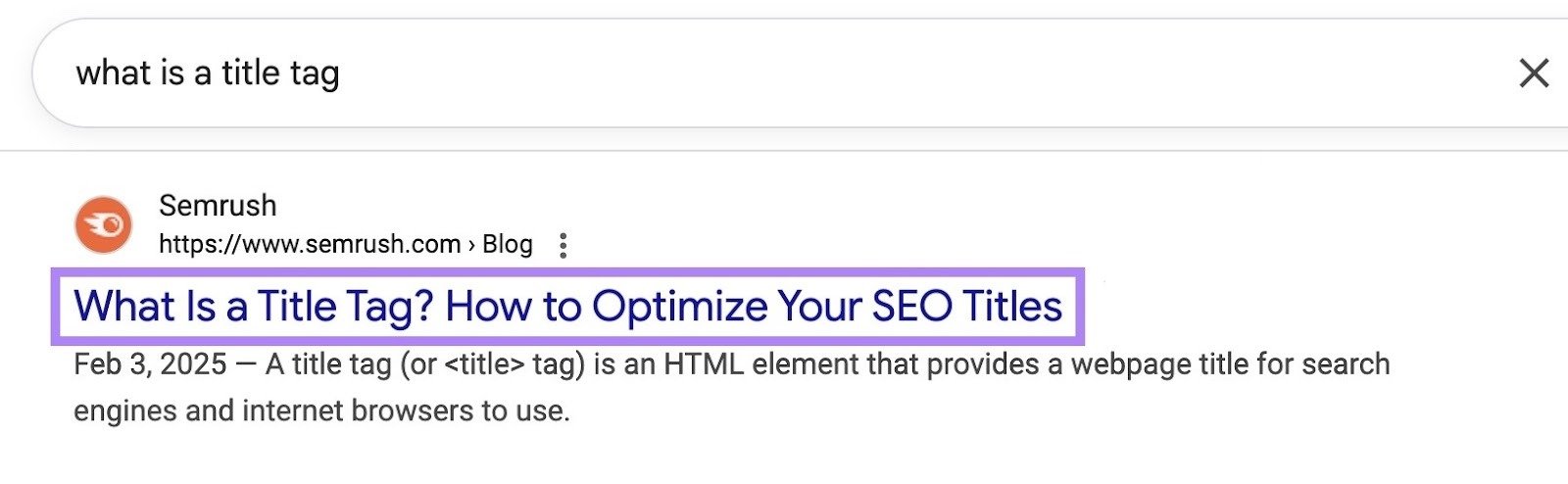 SERP for the term "what is a title tag" with the title tag on the top result highlighted.