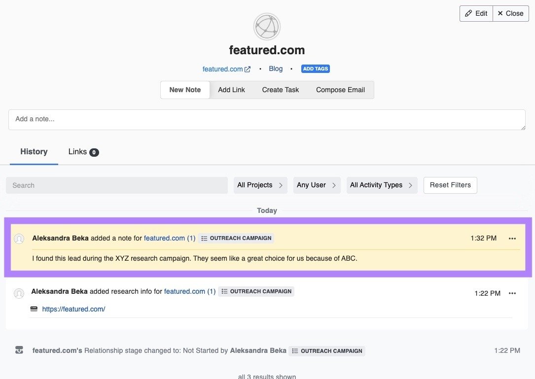 Adding a note on a prospect which is visible to the whole team on BuzzStream.