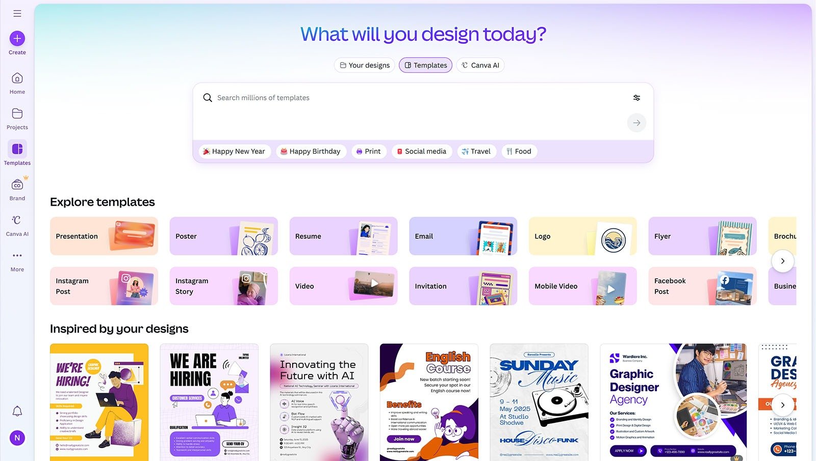 Canva templates homepage displaying design categories like social posts, presentations, and posters.