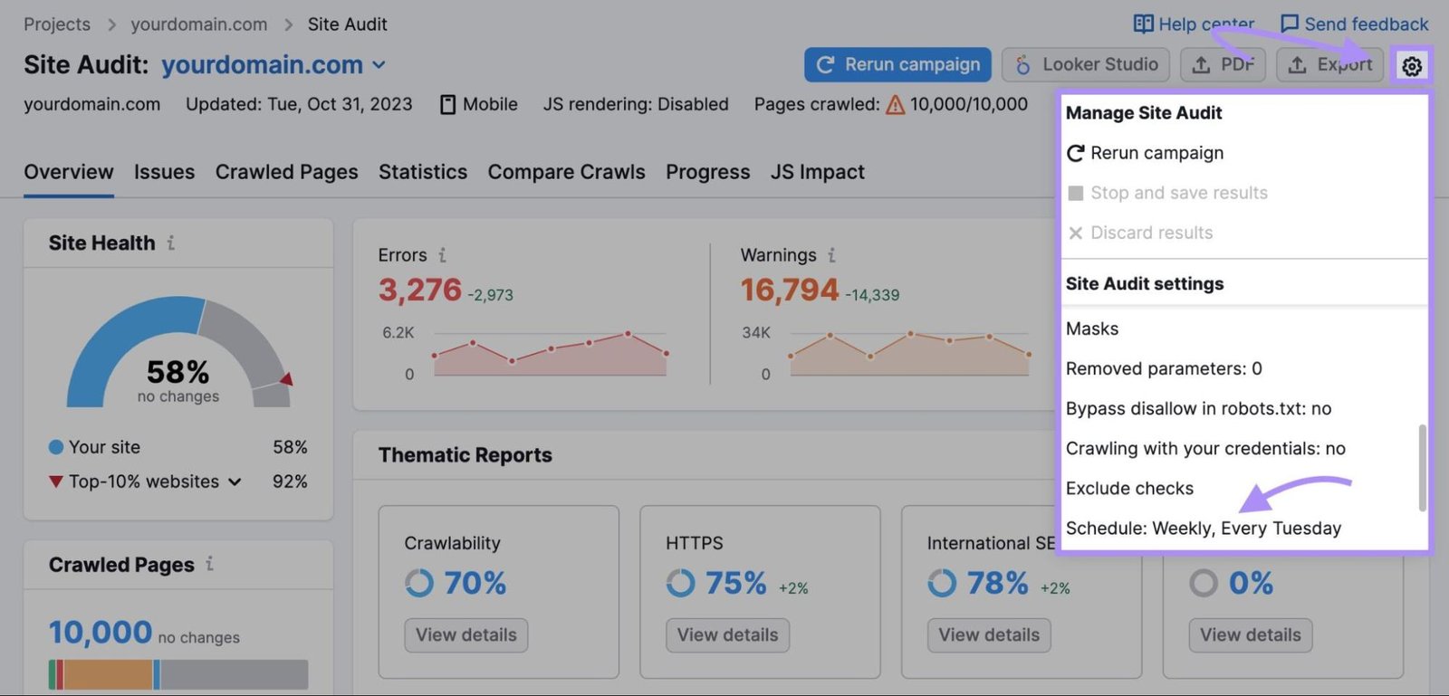 Schedule regular crawls under Site Audit settings