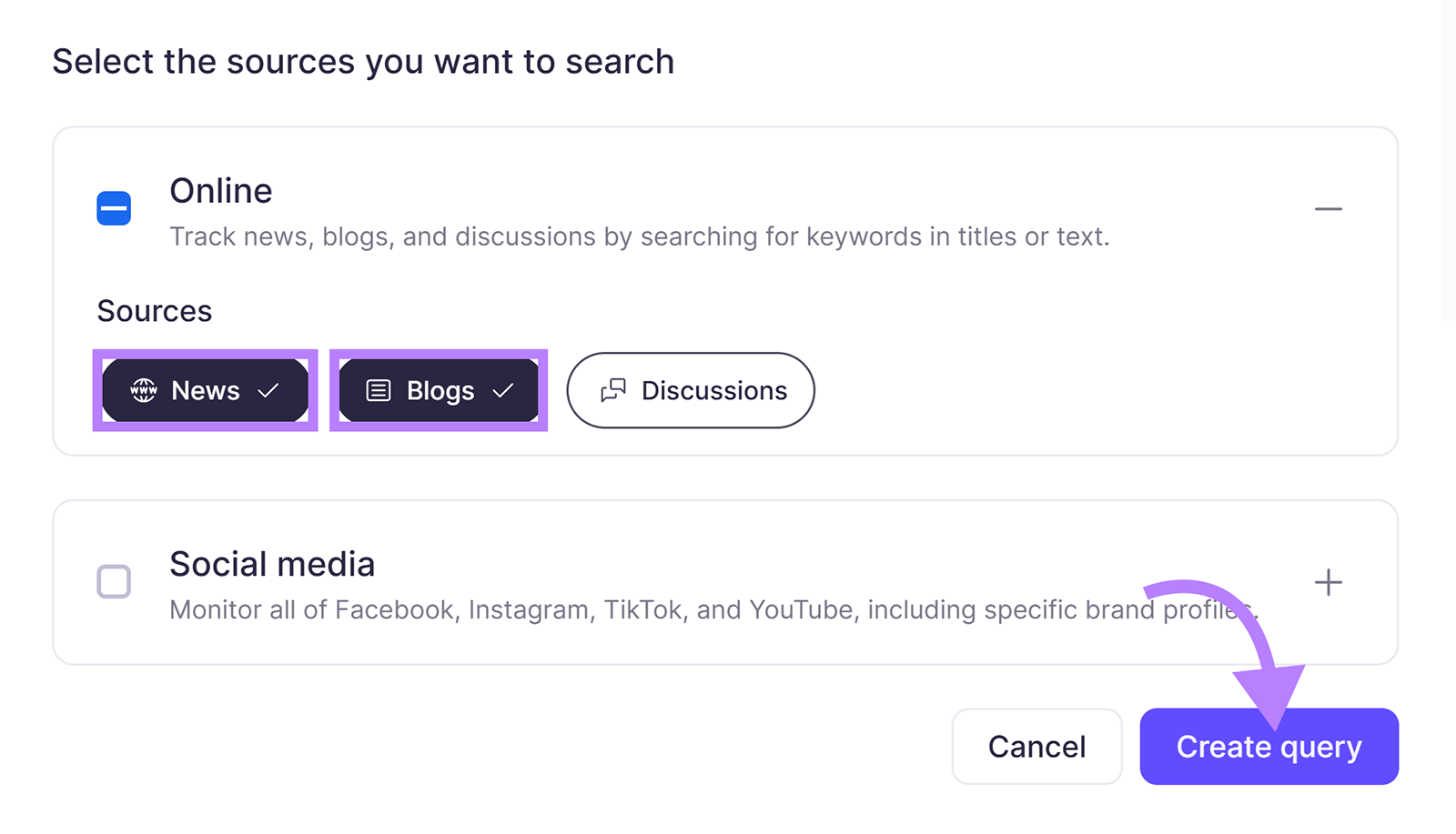 Source selection screen showing Online sources enabled with News and Blogs selected and a Create query button.