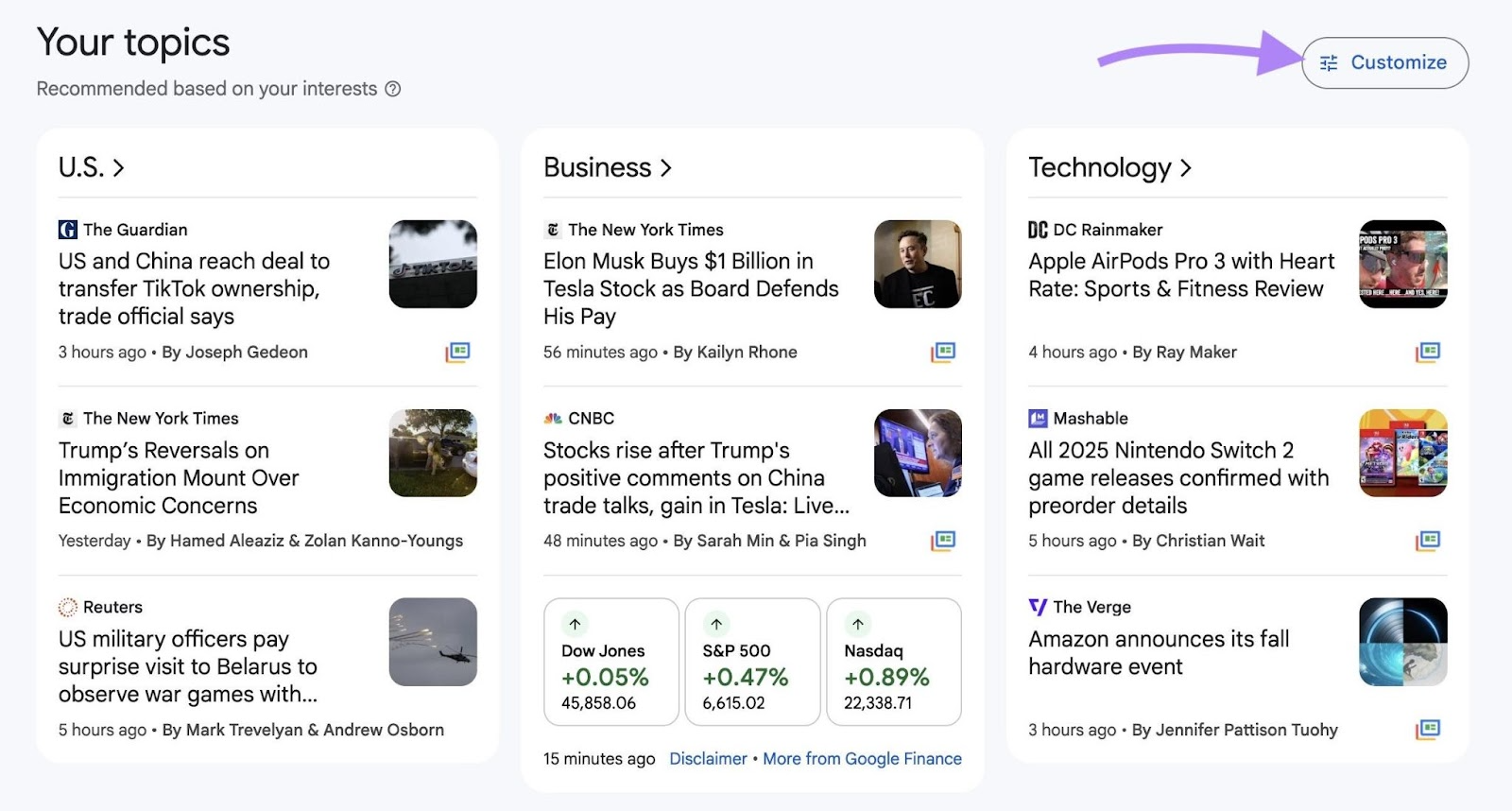 "Your Topics" on Google News with the "Customize" button clicked.