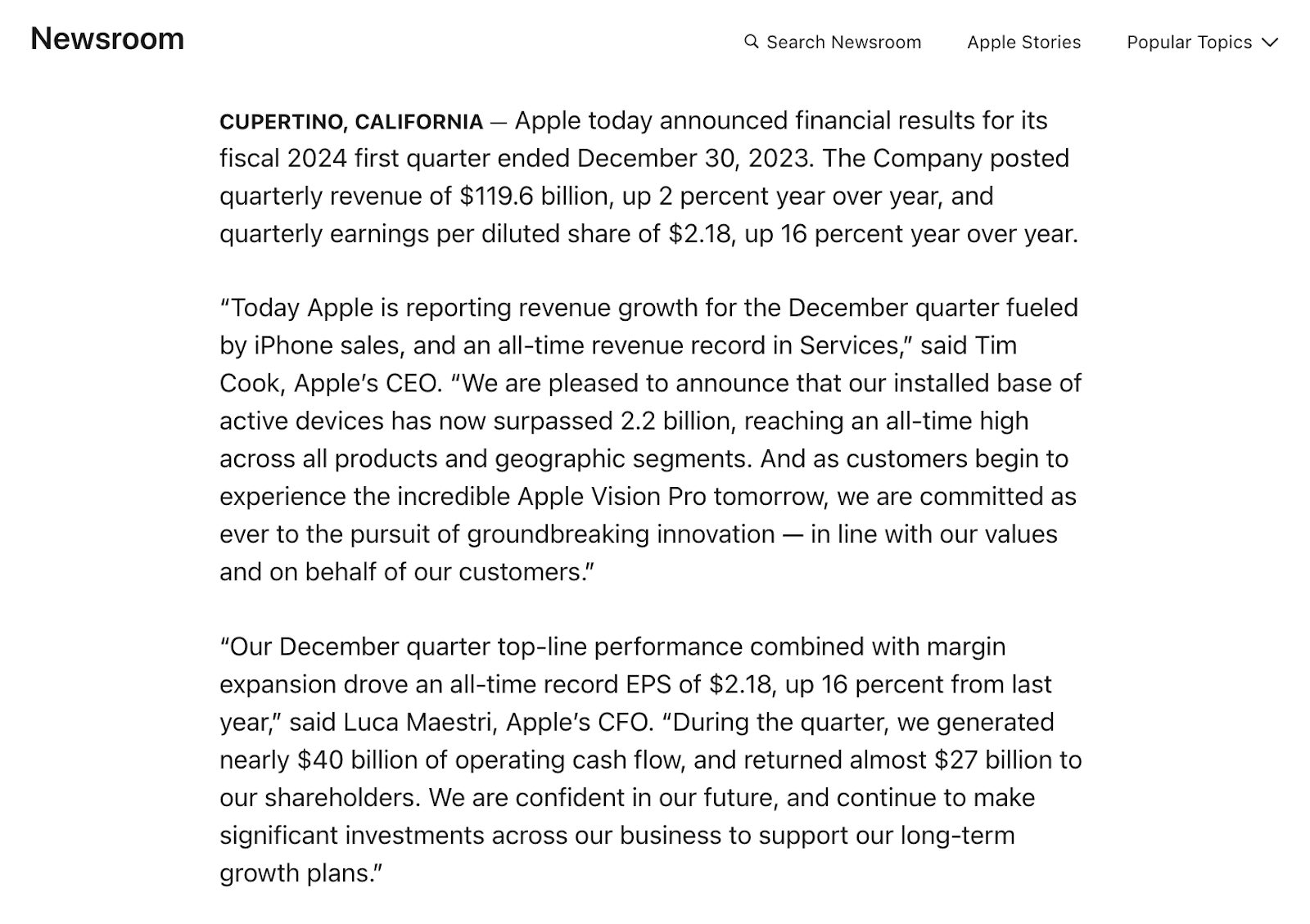 A section of Apple's press release using a professional tone