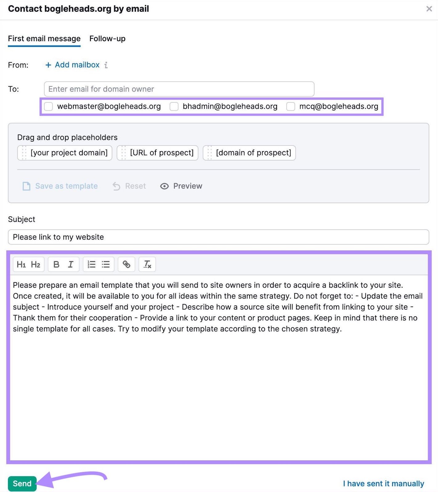 An email editor screen in Link Building Tool