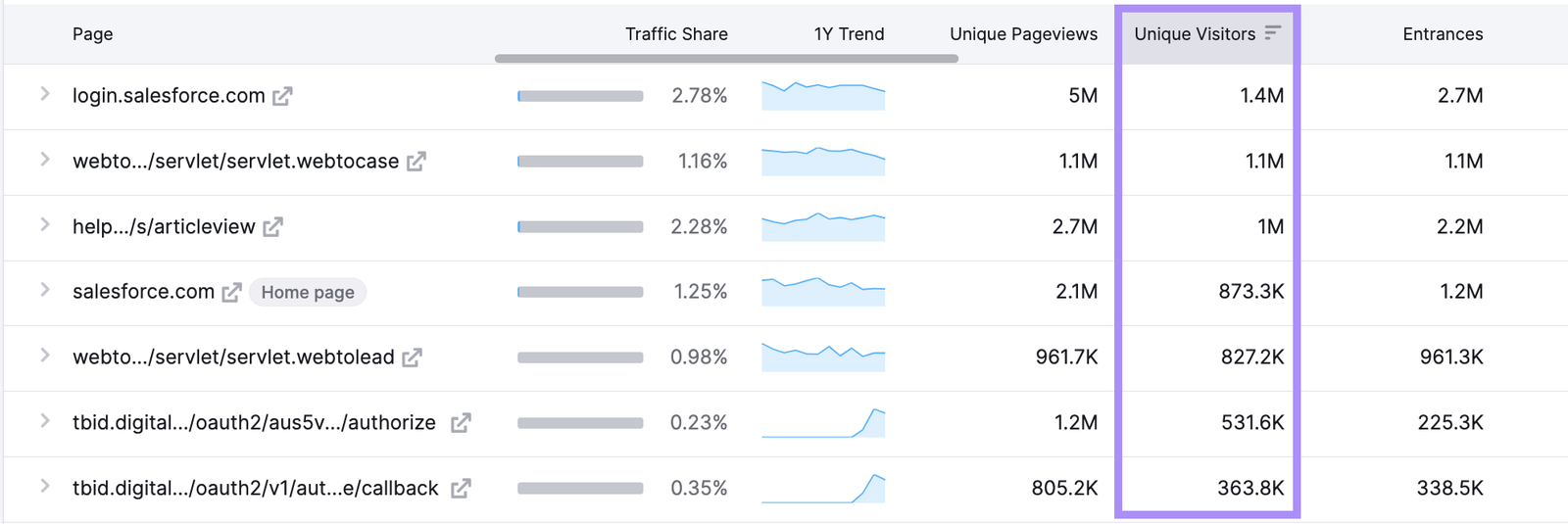 “Top Pages” tab with "Unique Visitors" column highlighted
