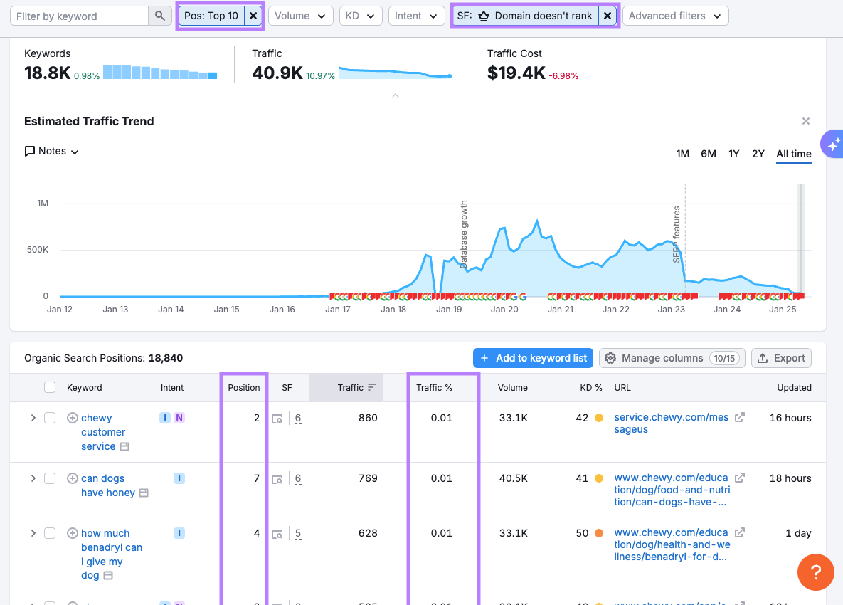 Top 10 results in Organic Search Positions table