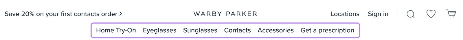 Warby Parker's horizontal navigation