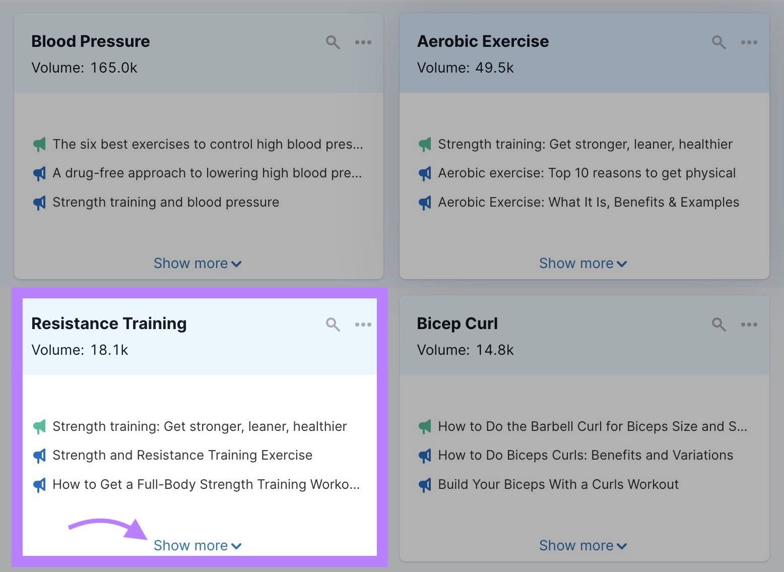 An individual subtopic card on Content Ideas with the "Show more" button at the bottom highlighted.