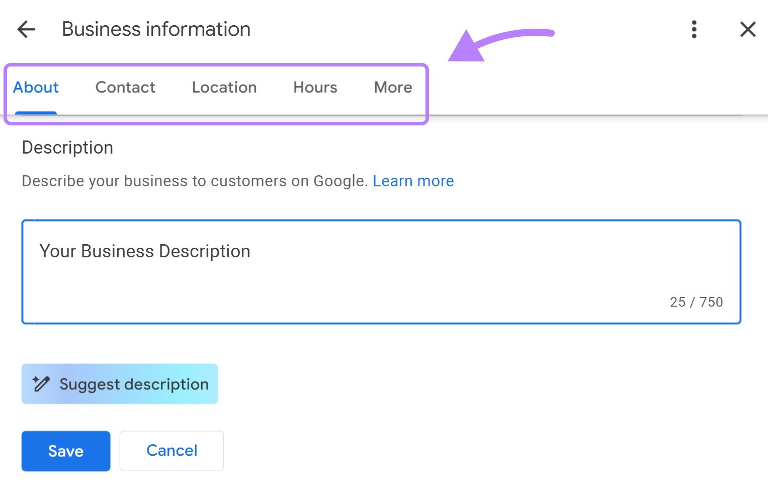 Business information sections in GBP