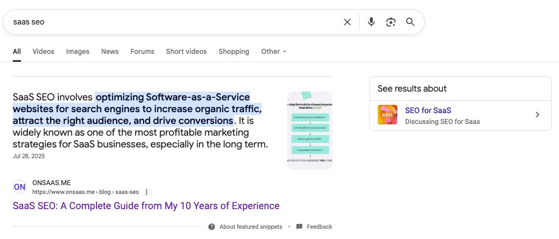 Featured snippet defining SaaS SEO as optimizing SaaS websites to increase traffic, audience, and conversions.