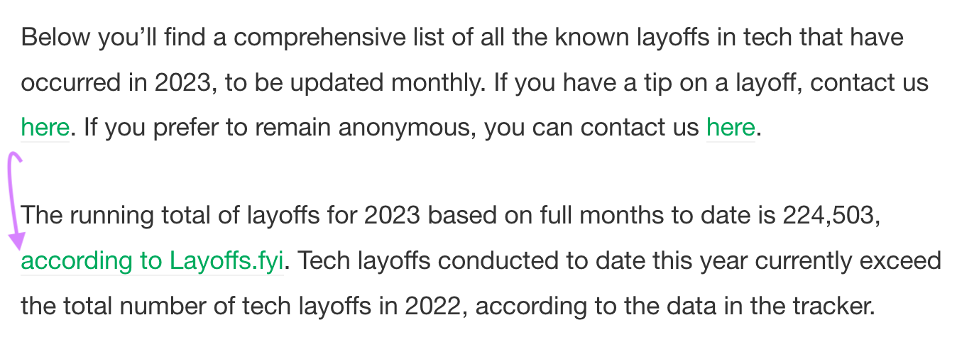 A backlink from TechCrunch's article to Layoffs.fyi