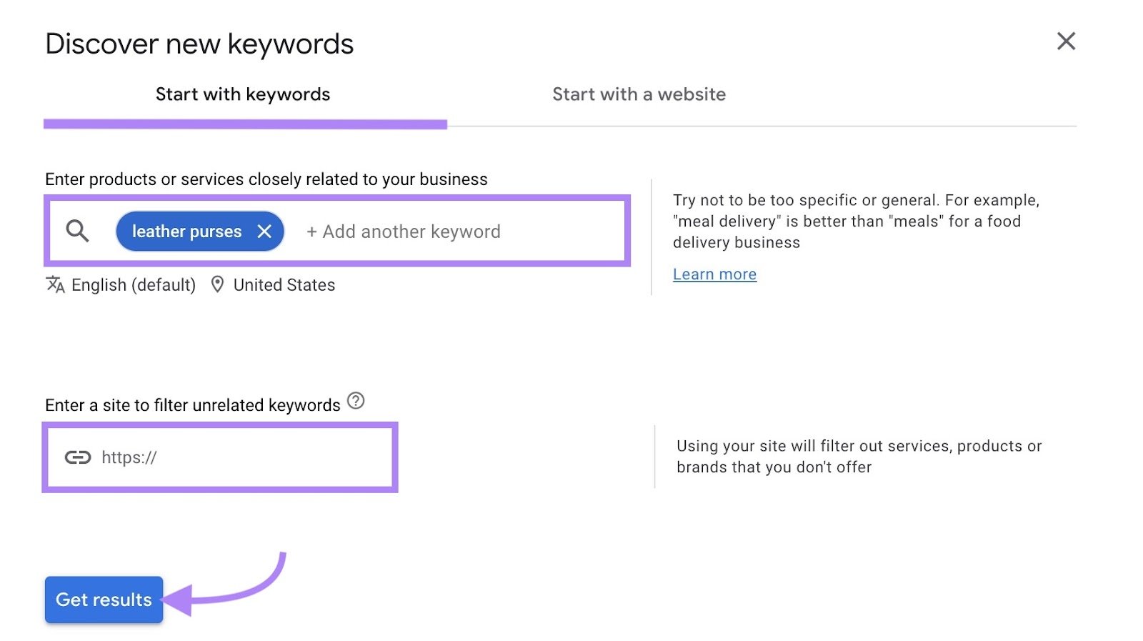 A seed keyword entered and "Get results" clicked on the Google Keyword Planner.