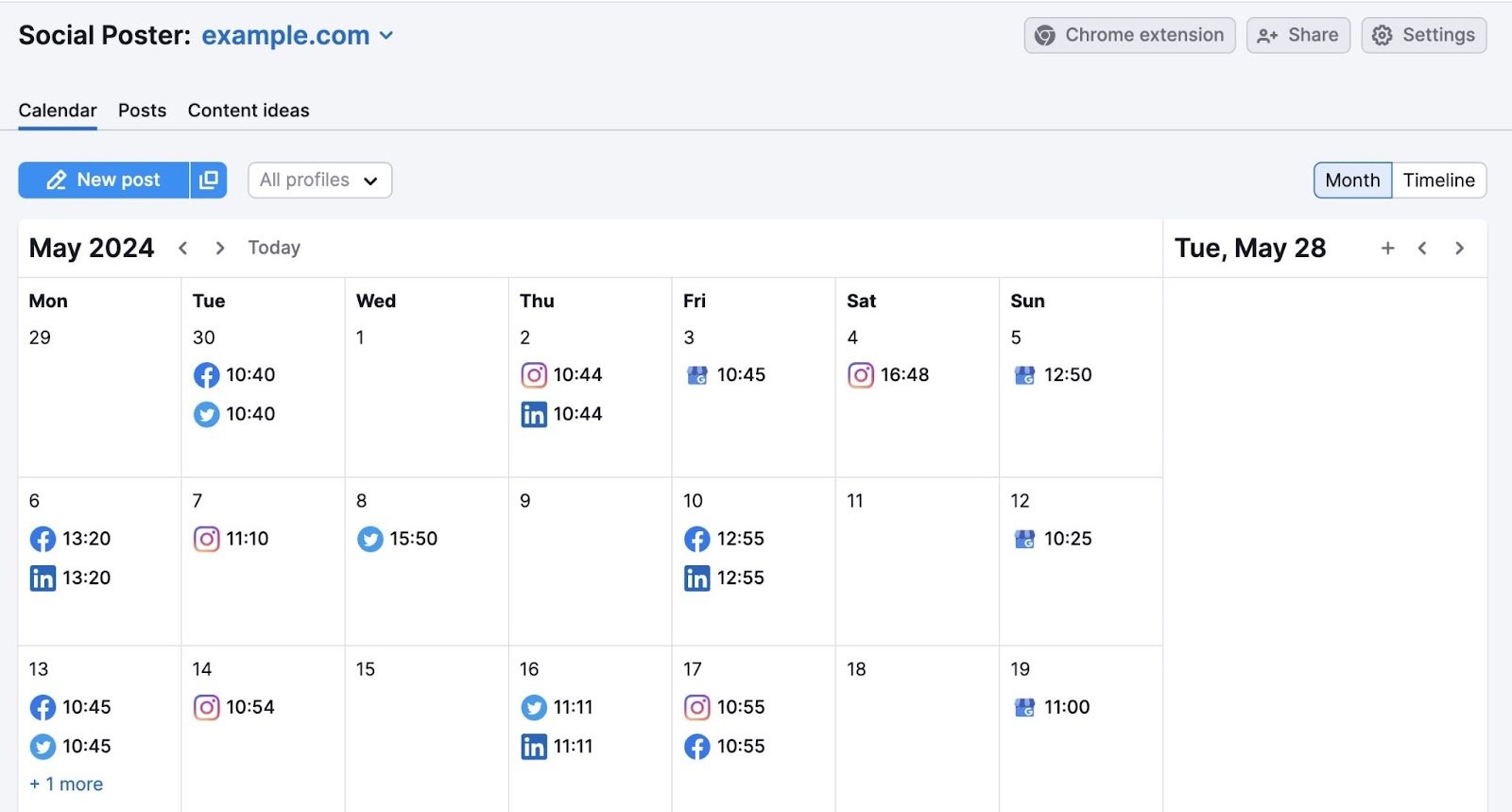 Semrush Social Poster tool showing a calendar with scheduled social media posts