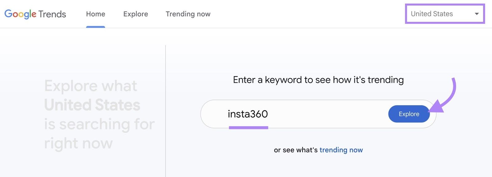 Google Trends with a brand's name entered, a target location selected, and "Explore" clicked.