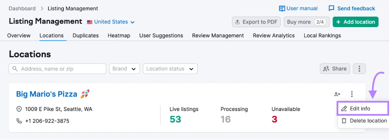 In Listing Management, select “Edit info” to change your information