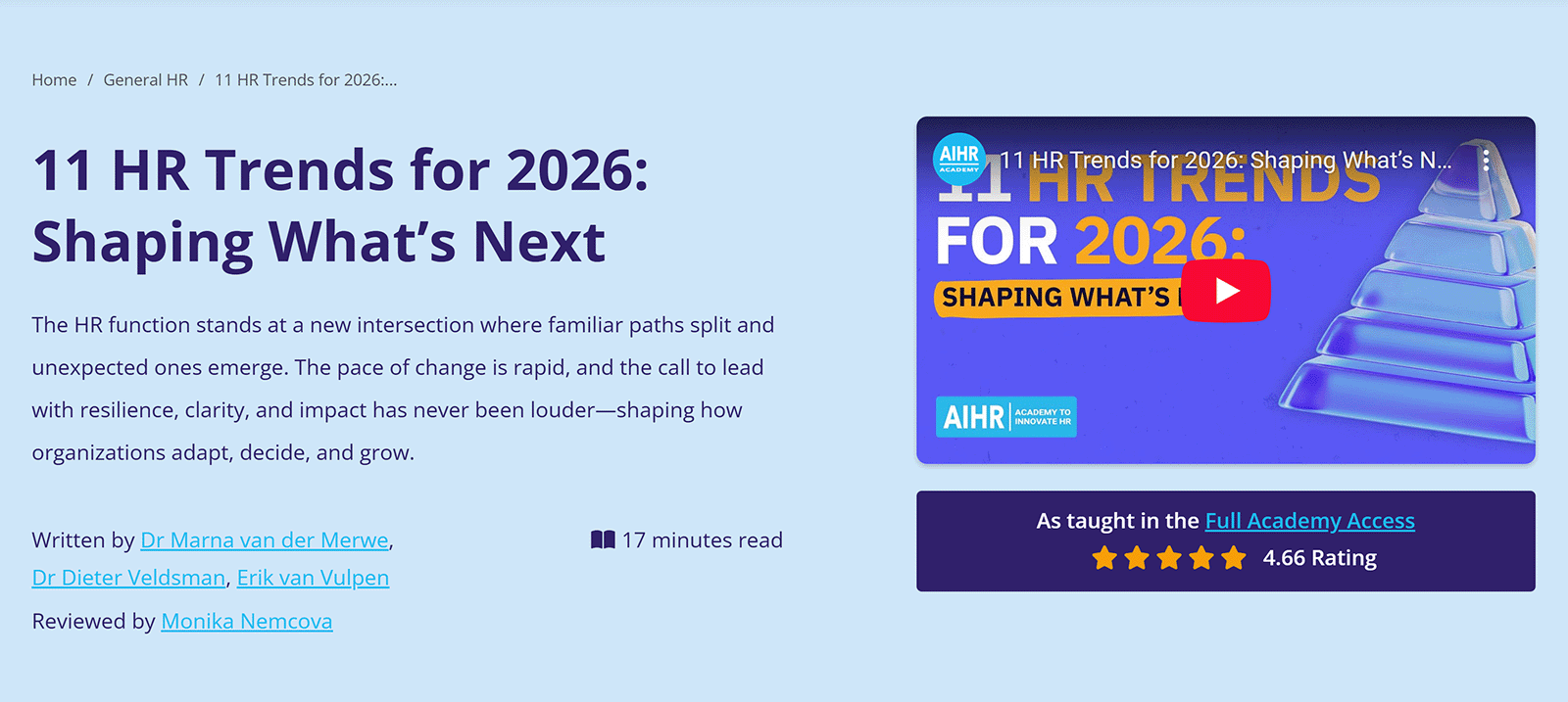 Blog post titled ‘11 HR Trends for 2026’ showing thought leadership content as a timely blog idea.