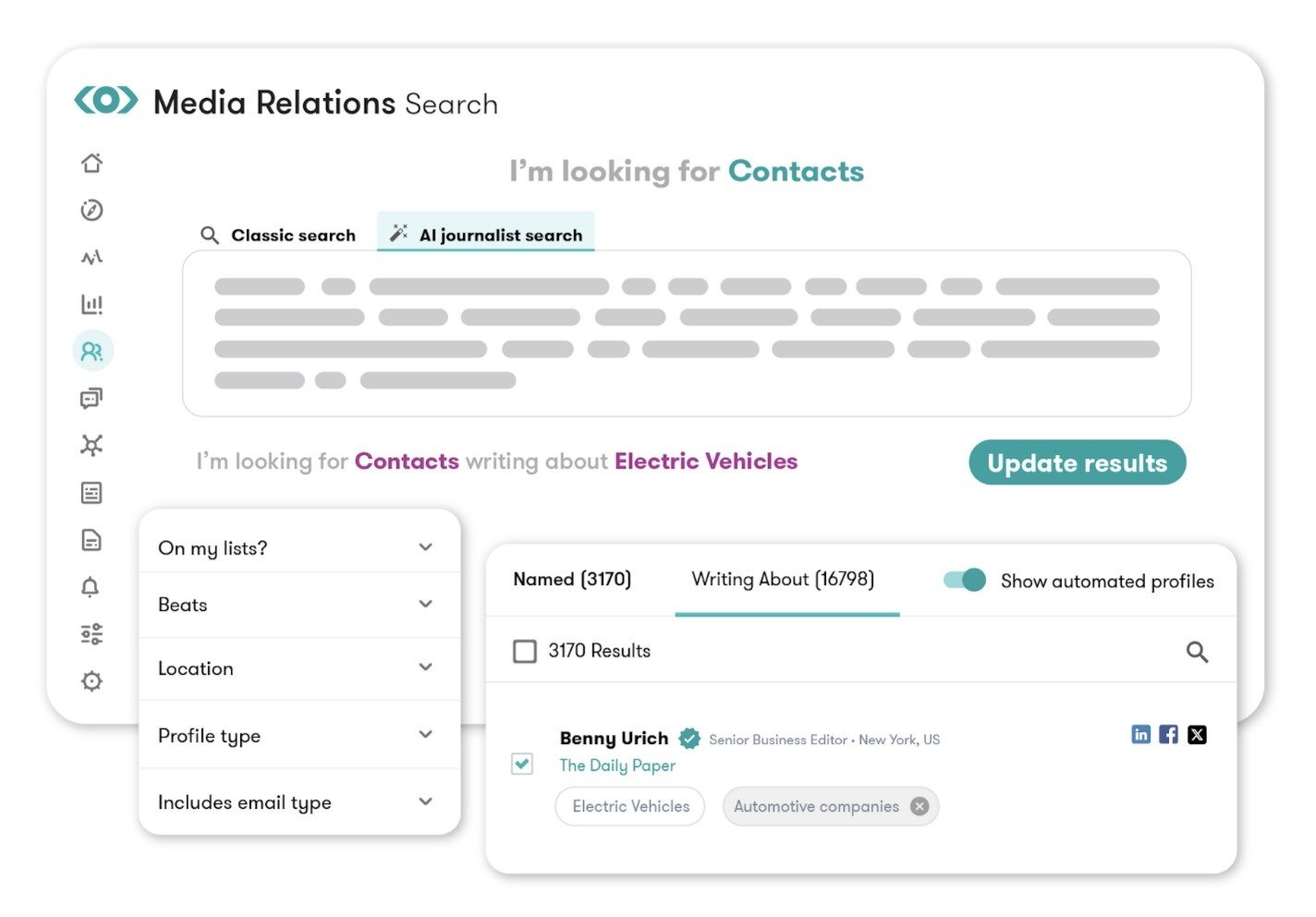 "AI journalist search" on Meltwater to find contacts writing about a specific topic.