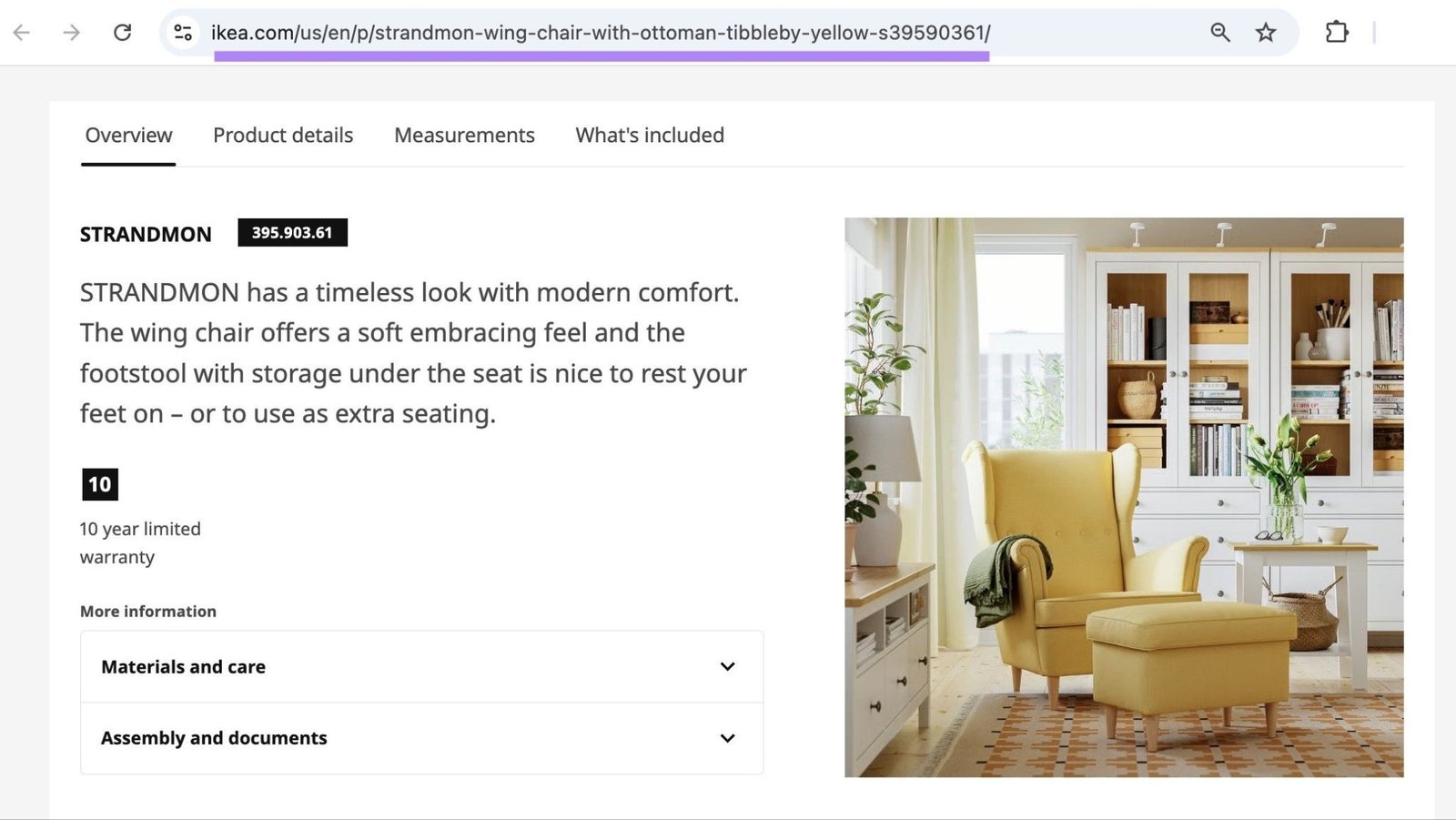The yellow version of a product variant page by Ikea with the URL highlighted.