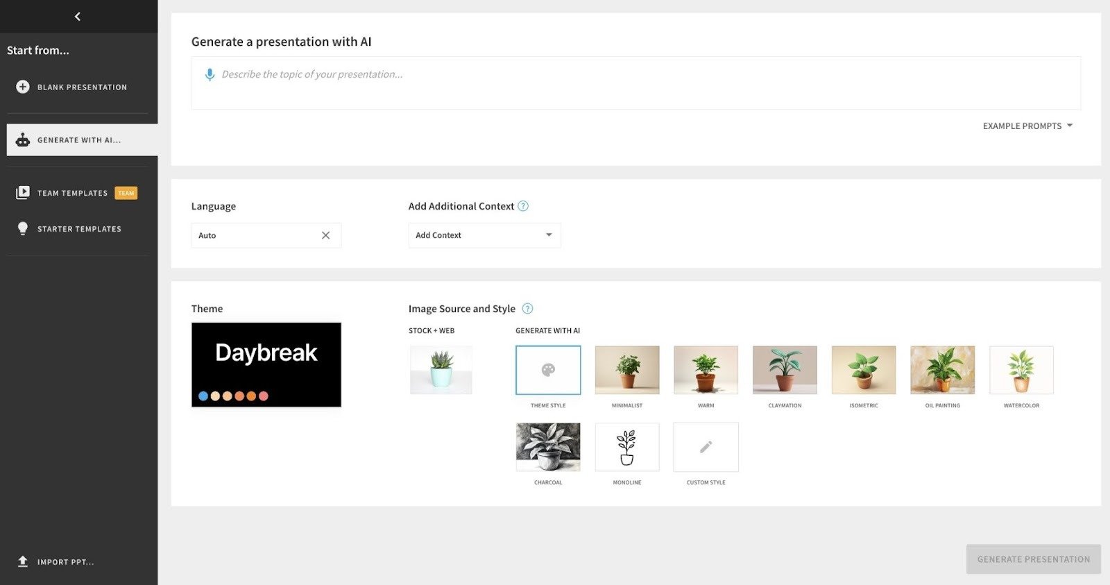 Generating a presentation with AI on Beautiful.ai with options to customize the language, theme, image source, and style.