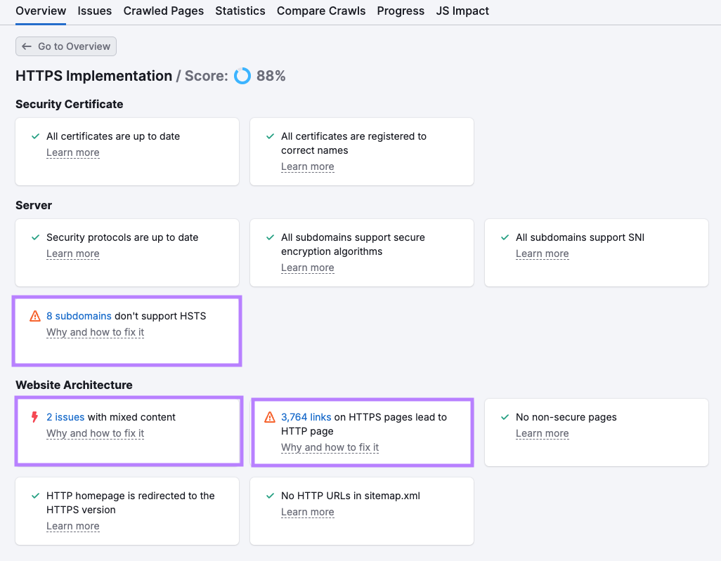 Using Semrush Site Audit to discover security issues