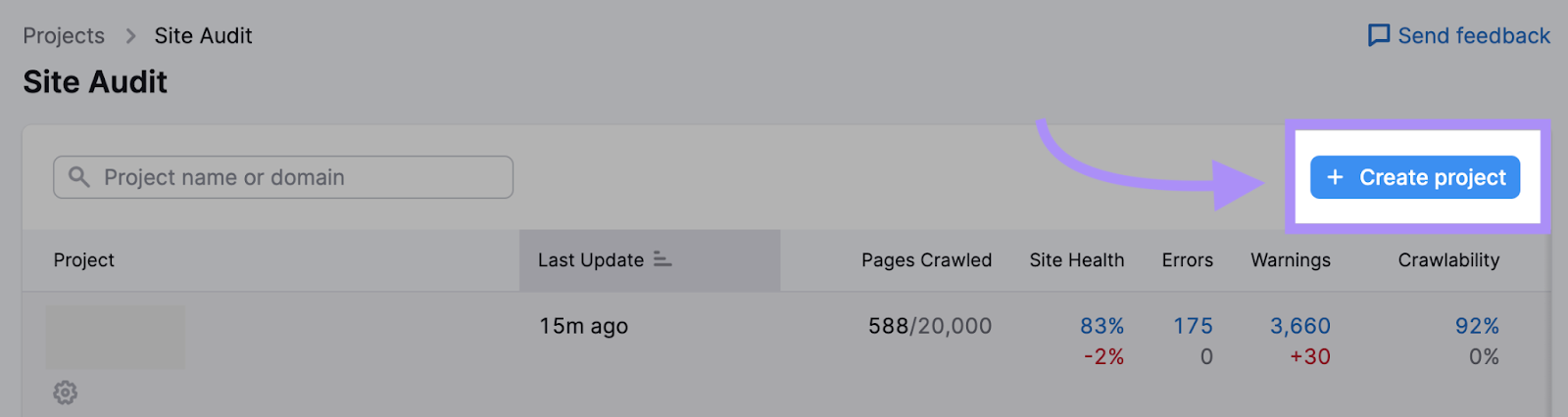 “+ Create project” button in Site Audit tool