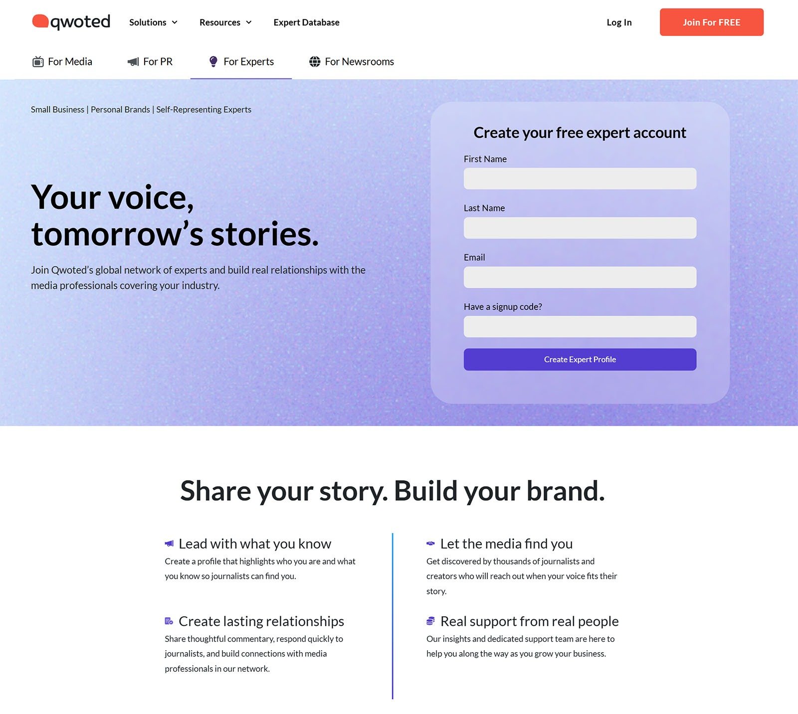 Qwoted signup page with a form to create an expert account.