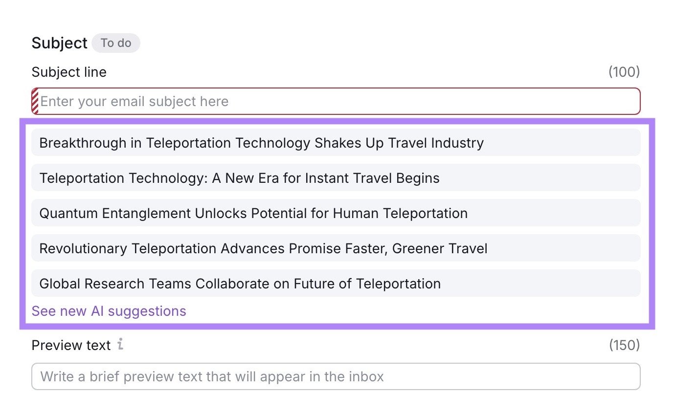 A list of AI-generated subject line recommendations for a press release on the AI PR toolkit.