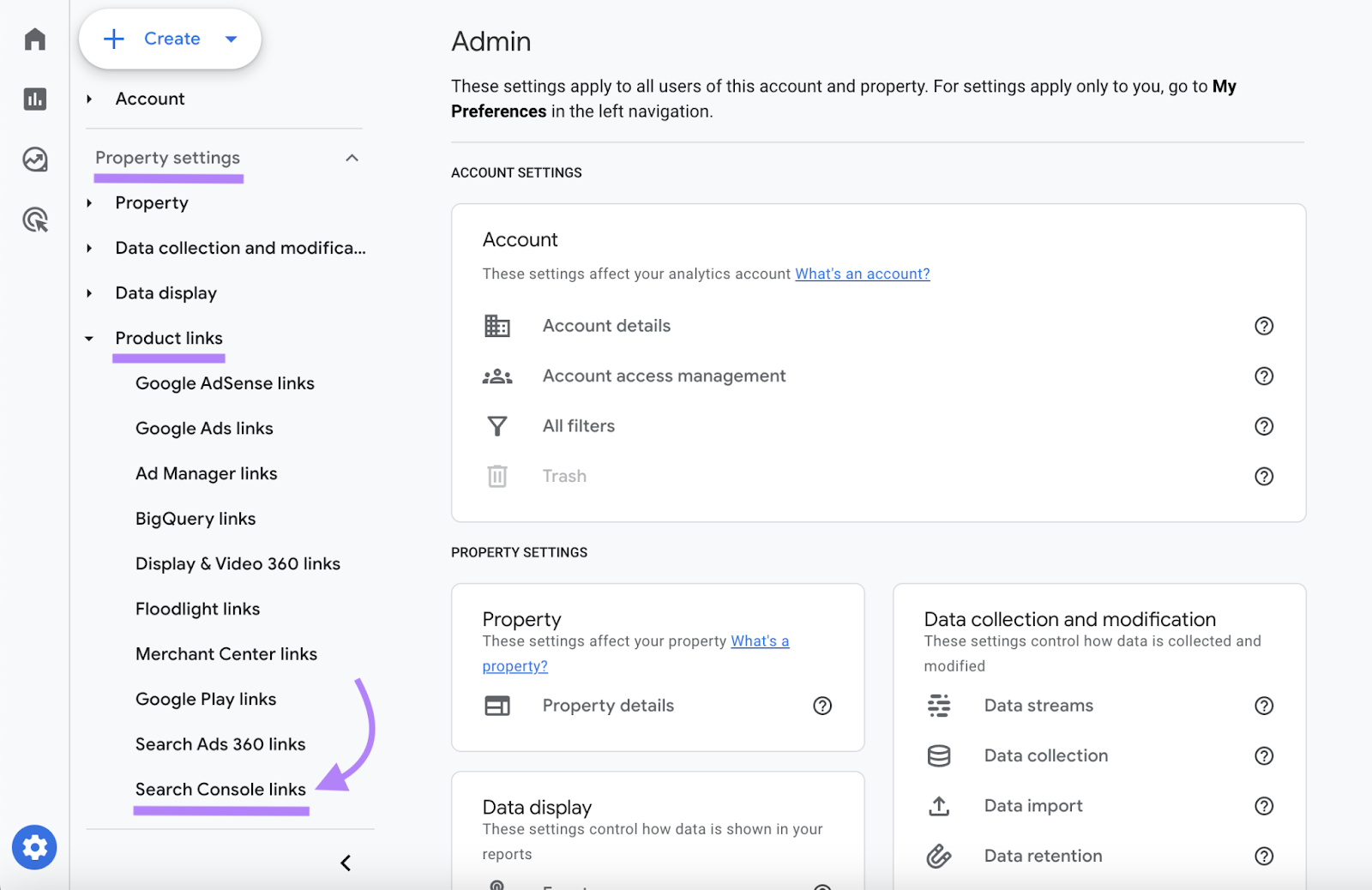 "Search Console links" section in Google Analytics Admin