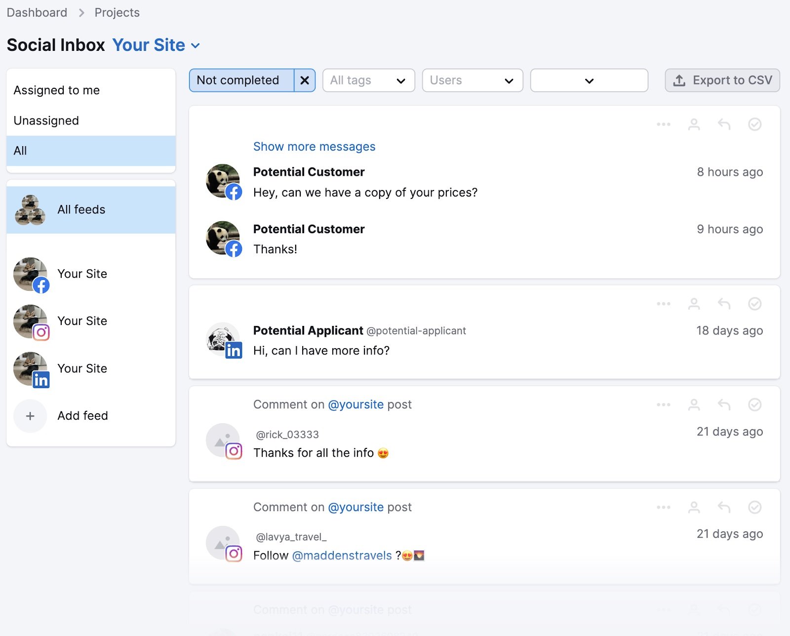 'Social Inbox' showing messages from different social media channels like Facebook, Instagram and LinkedIn.