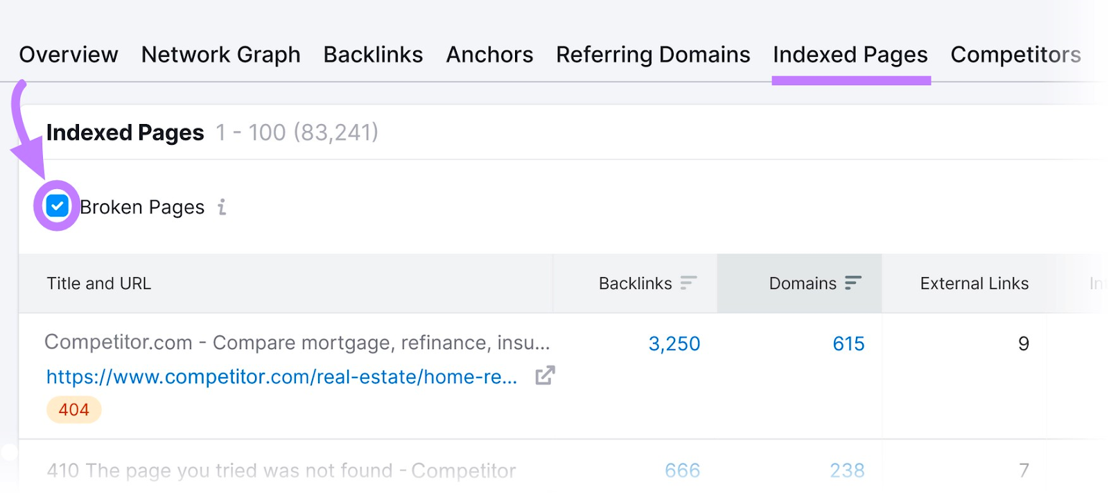 “Broken Pages” filter applied under the "Indexed Pages" tab