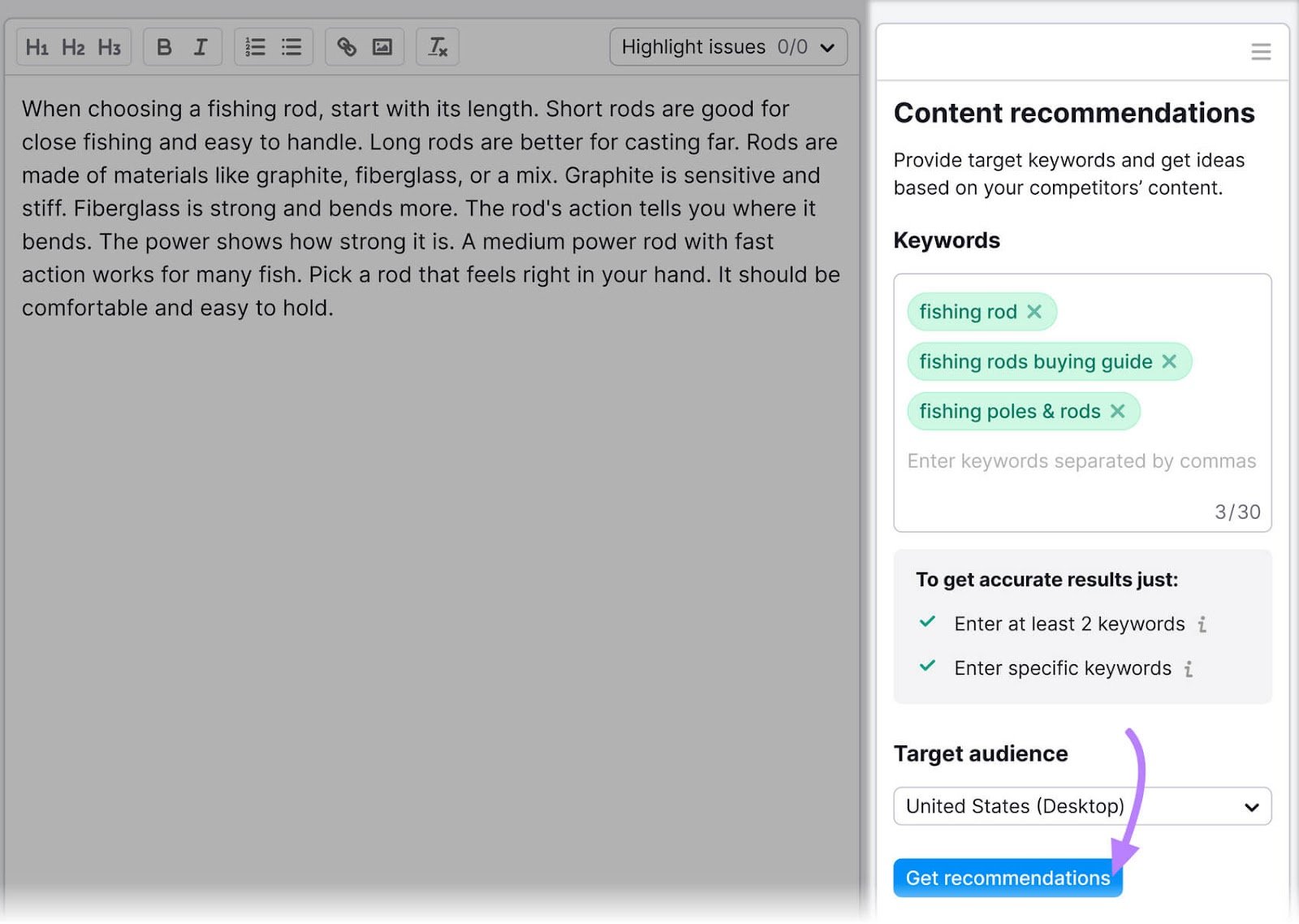 Add keywords under "Content recommendations" window in SEO Writing Assistant